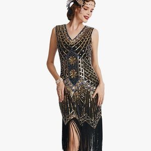 Women's 1920s Gatsby Dress V Neck Sequin Bead Fringed Cocktail Hem Flapper Dress